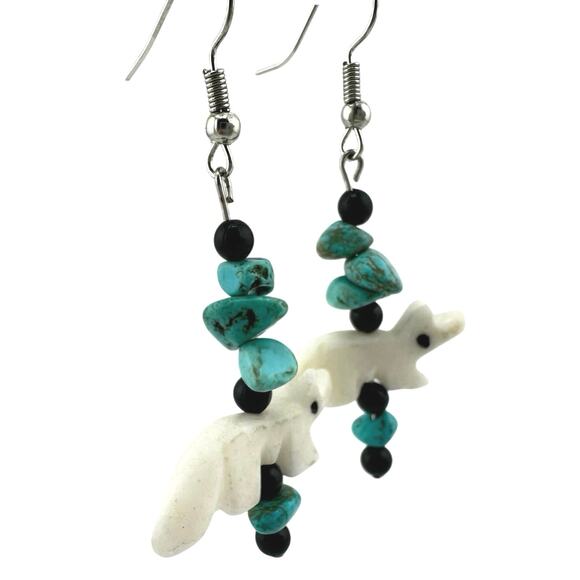 Handmade Upcycled Vintage Faux Turquoise Carved Wolf Fox Dangle Drop Earrings - Picture 4 of 4